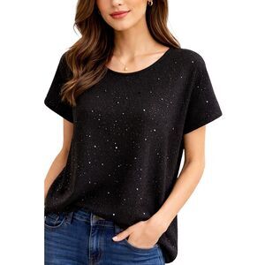 Talbots XL Black Sparkle Beaded Merino Wool Sweater Short Sleeve Holiday Party